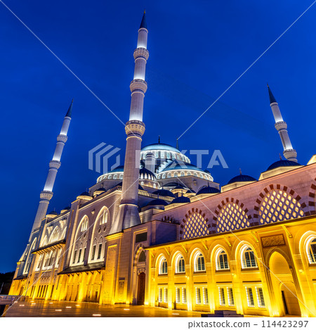 Night shot of Grand Camlica Mosque, a modern Islamic complex, located in Camlica hill, Uskudar, Istanbul, Turkey 114423297