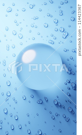 藍色背景上美麗的透明球體與水滴。 3D（垂直） 114423367