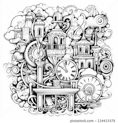 Black and White Illustration of Fairyland Medieval Castle for Coloring. Black and White Illustration of Fairyland Medieval Castle for Coloring. 114423378