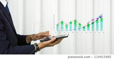 Stock Market Investment Fund and Digital Asset. Businessman in dark blue suit analyzing forex trading graph financial data on tablet computer. 2024 business finance technology and investment concept. 114423985