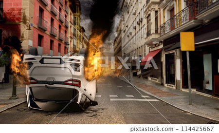 Burnt out vehicle on the street 114425667