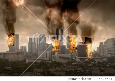 Burned and destroyed building in apocalypse city Burned and destroyed building in apocalypse city 114425674
