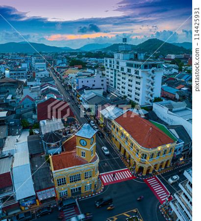 .aerial view classic and beautiful architecture at Charter square of Phuket .aerial view classic and beautiful architecture at Charter square of Phuket 114425931