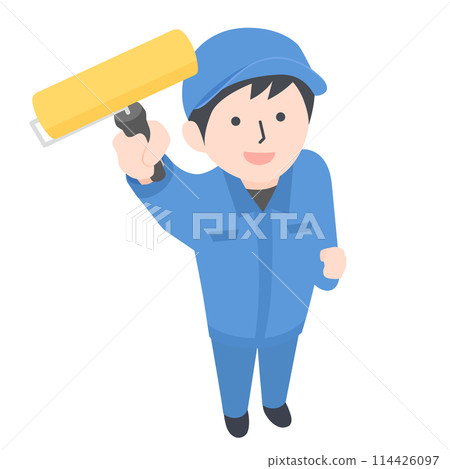 A worker holds up a paint roller and looks up 114426097