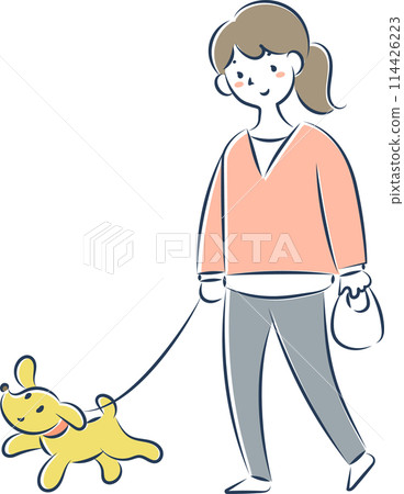 A young lady walking a dog 114426223