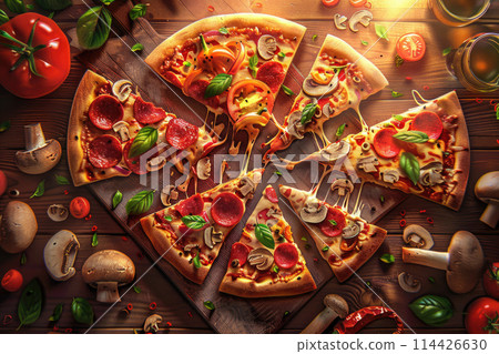Pizza Festival Scene with Various Pizza Slices and Tossing Dough on a Rustic Wooden Background 114426630