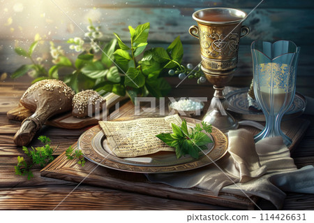 Passover Celebration Scene with Seder Plate, Elijah's Cup, and Haggadah on a Traditional Wooden Background 114426631