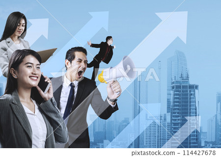 Portrait of business group with economic growth graph chart Portrait of business group with economic growth graph chart 114427678