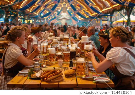 Oktoberfest Celebration in Munich with Revelers in Traditional Attire Inside a Beer Tent 114428104