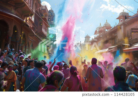 Holi Festival Celebration in India with Colorful Powder Explosion and Joyous Revelers in a Street Setting 114428105