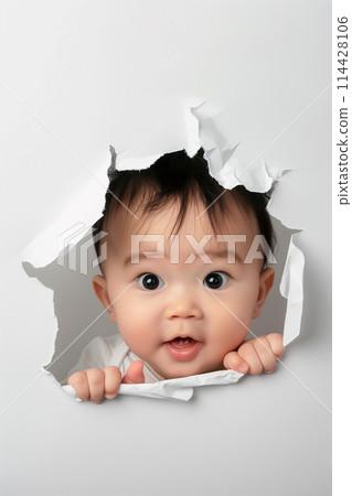 Baby breaking through paper 114428106