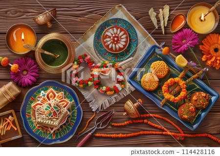 A rakhi with vibrant colors, sweets like laddoos and barfis, and diya lamps set for Raksha Bandhan on wood. 114428116