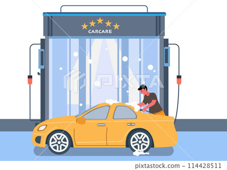 Workers washed the yellow car with a foam sprayer and polished it. Workers washed the yellow car with a foam sprayer and polished it. 114428511