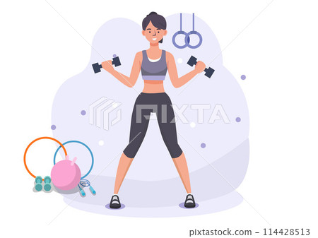 Woman exercising at the gym holding a dumbbell. A fit and energetic young woman lifts weights for a healthier body. 114428513