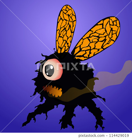 A small black monster character with his mouth open flies and blows smoke from his mouth as he is a lava bee spitting lava when angry. Vector illustration For insert mini monster banner transparent A small black monster character with his mouth open flies and blows smoke from his mouth as he is a lava bee spitting lava when angry. Vector illustration For insert mini monster banner transparent 114429019