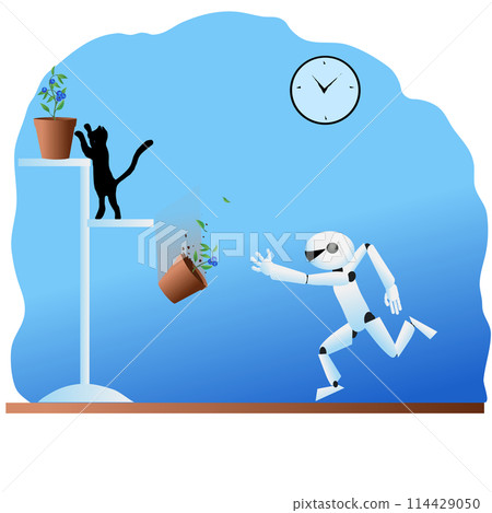 Illustration of a home robot trying to grab a flower that a cat dropped. Vector illustration a flower in a pot falls from a shelf and flies down and the robot character runs with his arms outstretched Illustration of a home robot trying to grab a flower that a cat dropped. Vector illustration a flower in a pot falls from a shelf and flies down and the robot character runs with his arms outstretched 114429050