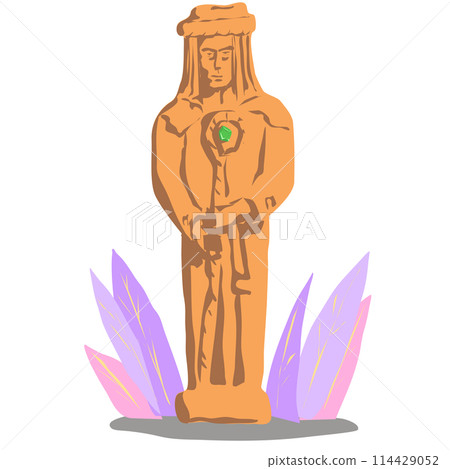 Wooden Idol Figurine Man with Staff and Green Gem on Chest. Vector illustration wooden idol man in headdress orange gold color on transparent background. A monument to a magician or a clumsily made Wooden Idol Figurine Man with Staff and Green Gem on Chest. Vector illustration wooden idol man in headdress orange gold color on transparent background. A monument to a magician or a clumsily made 114429052