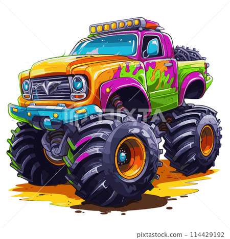 Cartoon Monster Truck Fun and Exaggerated Features 114429192