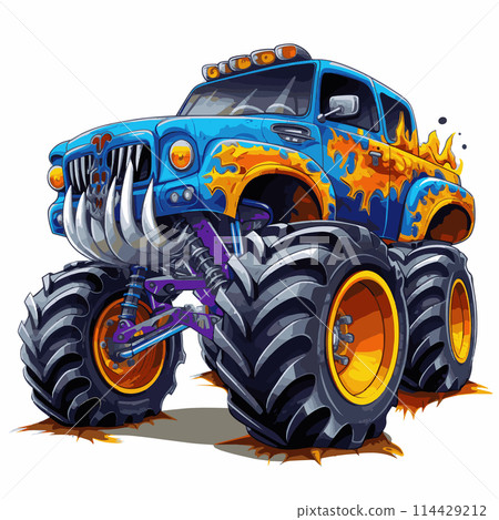 Playful Monster Truck Cartoon Illustration with Exaggerated Feat Playful Monster Truck Cartoon Illustration with Exaggerated Feat 114429212