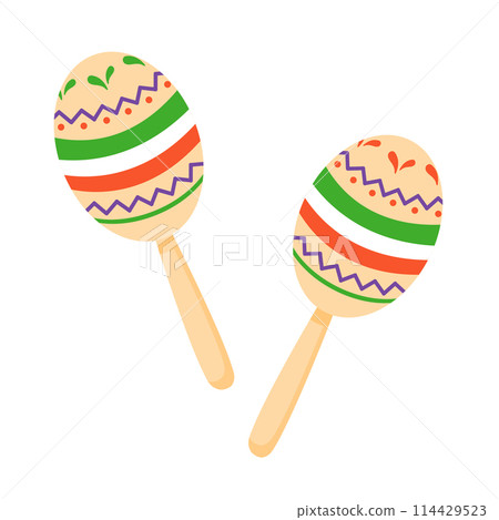 Mexican music maracas, traditions of Latin America, Revolution and Independence of Mexico. Mexican traditional musical instrument with a pattern isolated on a white background. 114429523
