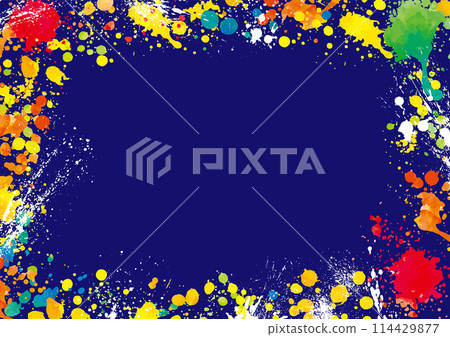 Frame of colorful paint splattered on a dark blue background Frame of colorful paint splattered on a dark blue background 114429877