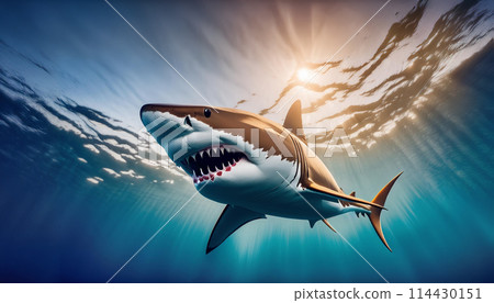 一條鯊魚露出獠牙，在陽光交融的藍色大海中游動。 114430151