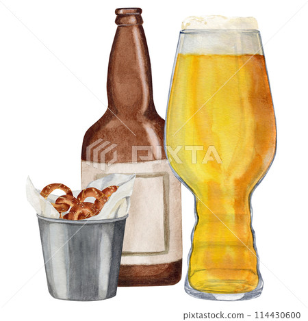 Hand-drawn watercolor illustration empty bottle with glass of beer and snack bucket of pretzels Hand-drawn watercolor illustration empty bottle with glass of beer and snack bucket of pretzels 114430600