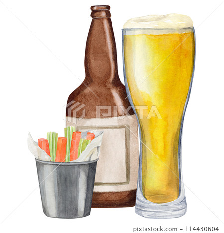Hand-drawn watercolor illustration shaped glass with beer, empty bottle and bucket of snack of carrots and celery. Hand-drawn watercolor illustration shaped glass with beer, empty bottle and bucket of snack of carrots and celery. 114430604