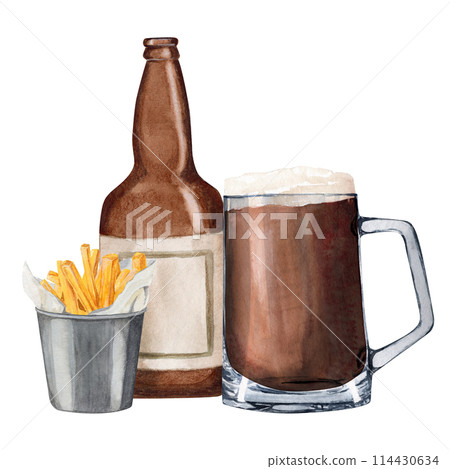 Hand-drawn watercolor illustration shaped glass with beer, empty bottle and bucket with fries. Hand-drawn watercolor illustration shaped glass with beer, empty bottle and bucket with fries. 114430634