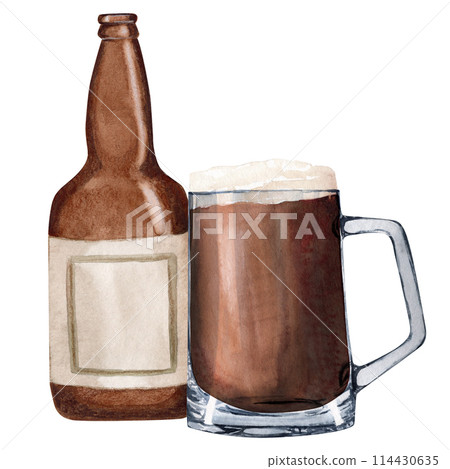 Hand-drawn watercolor illustration bottle of beer with shaped glass of beer, beer festival, international beer day Hand-drawn watercolor illustration bottle of beer with shaped glass of beer, beer festival, international beer day 114430635
