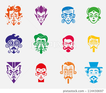 A set of faces, avatars with different colors and styles. The faces are all unique, with some having more detail than others. Game, NFT avatars. 114430697