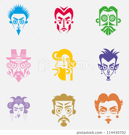 A set of faces, avatars with different colors and styles. The faces are all unique, with some having more detail than others. Game, NFT avatars. A set of faces, avatars with different colors and styles. The faces are all unique, with some having more detail than others. Game, NFT avatars. 114430702