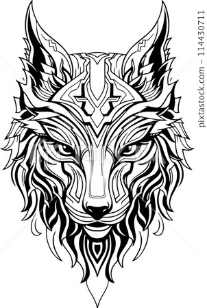 A black and white drawing of a wolf with a mane. The wolf has a fierce look on its face. Ornamental wolf head logo template 114430711