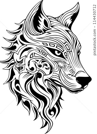 A black and white drawing of a wolf with a mane. The wolf has a fierce look on its face. Ornamental wolf head logo template 114430712