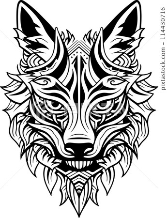 A black and white drawing of a wolf with a mane. The wolf has a fierce look on its face. Ornamental wolf head logo template 114430716