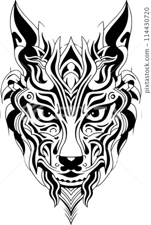 A black and white drawing of a wolf with a mane. The wolf has a fierce look on its face. Ornamental wolf head logo template 114430720