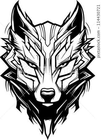 A black and white drawing of a wolf. The wolf has a menacing look on its face. Concept of danger and power. Futuristic, cyber wolf head logo template. 114430721