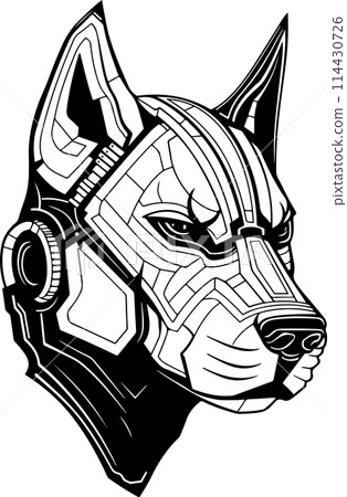 A dog with a robotic head. Cyber dog head logo template A dog with a robotic head. Cyber dog head logo template 114430726