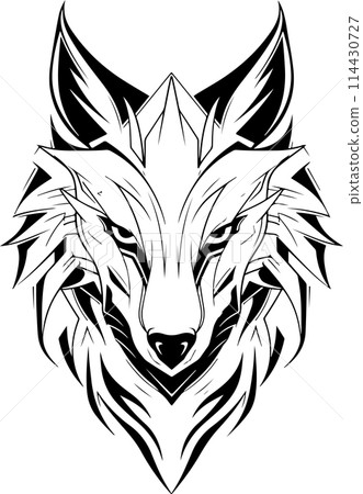 A black and white drawing of a wolf. The wolf has a menacing look on its face. Concept of danger and power. Futuristic, cyber wolf head logo template. A black and white drawing of a wolf. The wolf has a menacing look on its face. Concept of danger and power. Futuristic, cyber wolf head logo template. 114430727