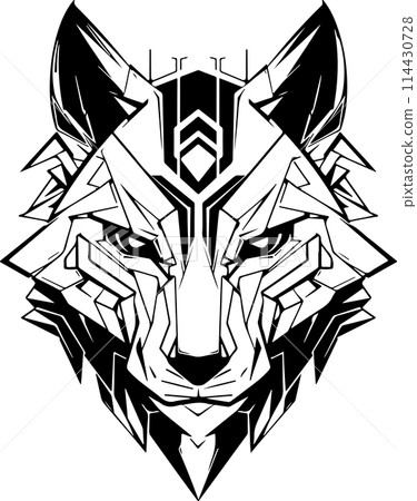 A black and white drawing of a wolf. The wolf has a menacing look on its face. Concept of danger and power. Futuristic, cyber wolf head logo template. A black and white drawing of a wolf. The wolf has a menacing look on its face. Concept of danger and power. Futuristic, cyber wolf head logo template. 114430728
