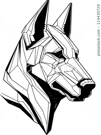 A dog with a robotic head. Cyber dog head logo template A dog with a robotic head. Cyber dog head logo template 114430729