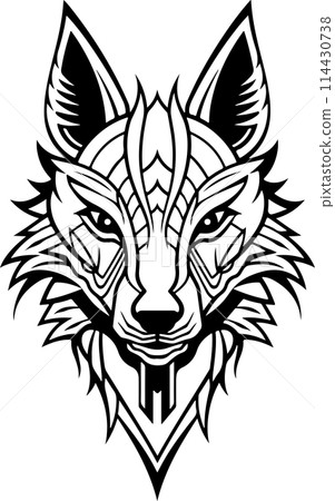 A black and white drawing of a wolf with a mane. The wolf has a fierce look on its face. Ornamental wolf head logo template 114430738