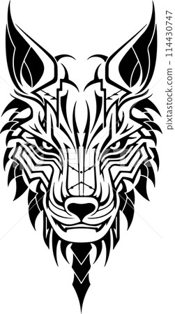 A black and white drawing of a wolf with a mane. The wolf has a fierce look on its face. Ornamental wolf head logo template 114430747