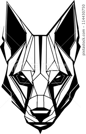 A black and white drawing of a wolf. The wolf has a menacing look on its face. Concept of danger and power. Futuristic, cyber wolf head logo template. 114430750