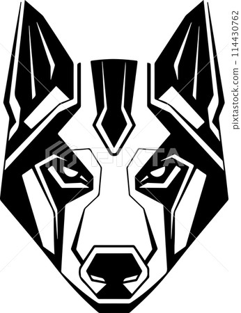 A black and white drawing of a wolf. The wolf has a menacing look on its face. Concept of danger and power. Futuristic, cyber wolf head logo template. 114430762
