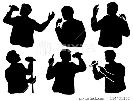 一個男人拿著麥克風發表演講或唱歌的剪影插圖集，黑色 114431392