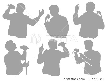 一個男人拿著麥克風發表演講或唱歌的剪影插圖集，灰色 114431393