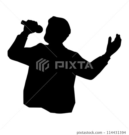Black silhouette illustration of a man giving a speech or singing with a microphone 114431394