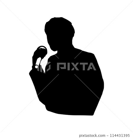 Black silhouette illustration of a man speaking or singing with a microphone 114431395