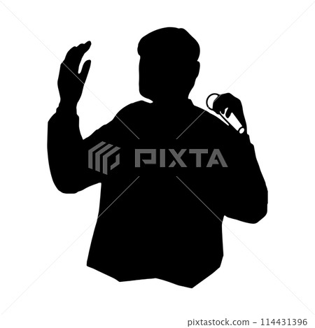 一個男人拿著麥克風發表演說或唱歌的剪影插圖,黑色 一個男人拿著麥克風發表演說或唱歌的剪影插圖,黑色 114431396
